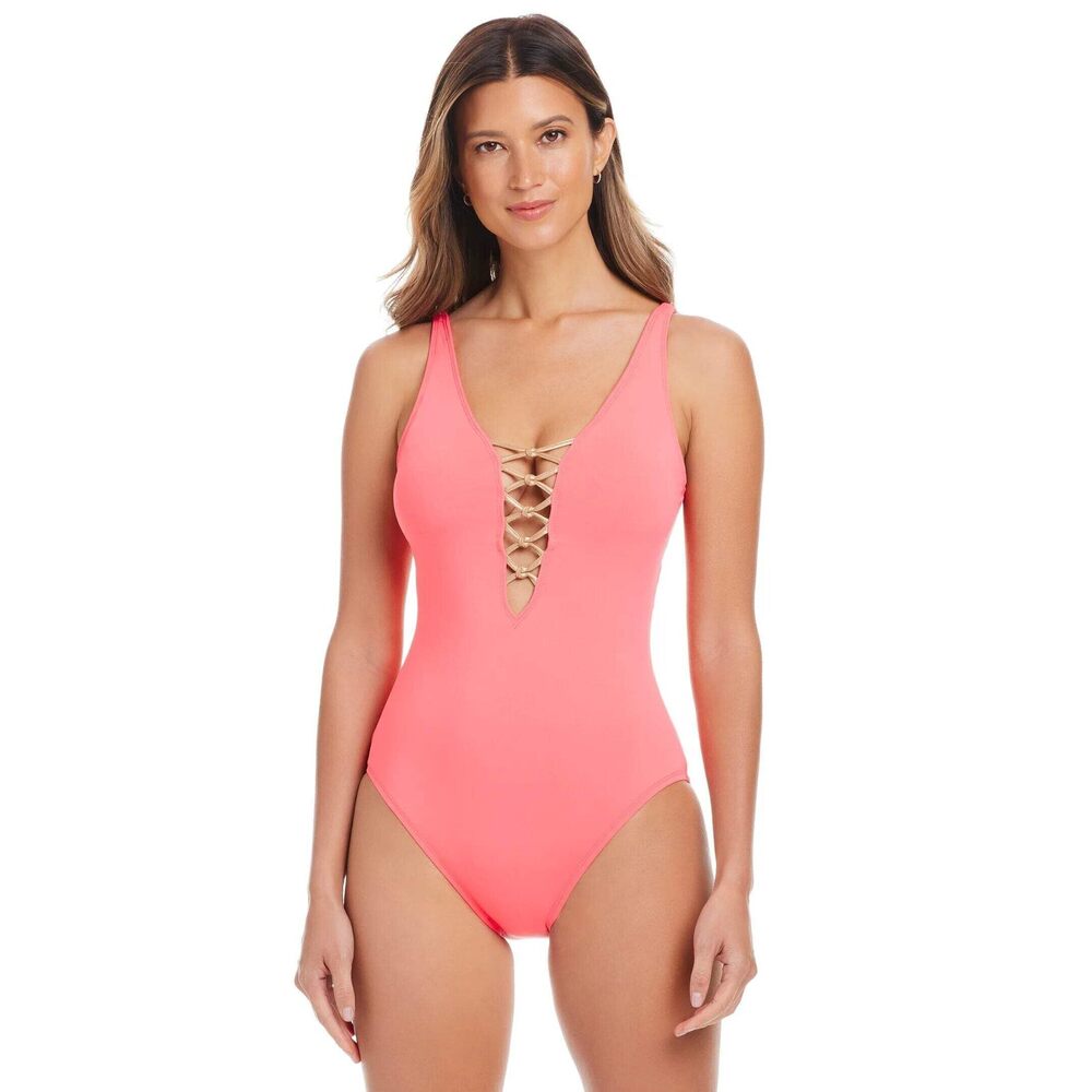 Bleu by Rod Beattie Women's Pink V-Neck One-Piece Swimsuit 12 NWT